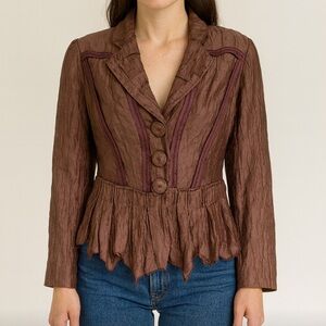Anthropologie People Like Frank Peplum Blazer Brown Ribbon Detail Jacket Size XS